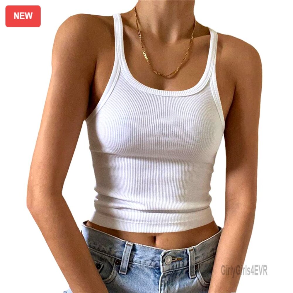 Sleeveless Ribbed Knit Tank Top Scoop Neck Form Fitting Cami